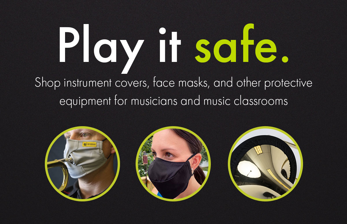 Shop instrument covers, face masks, and other protective equipment for musicians and music classrooms.